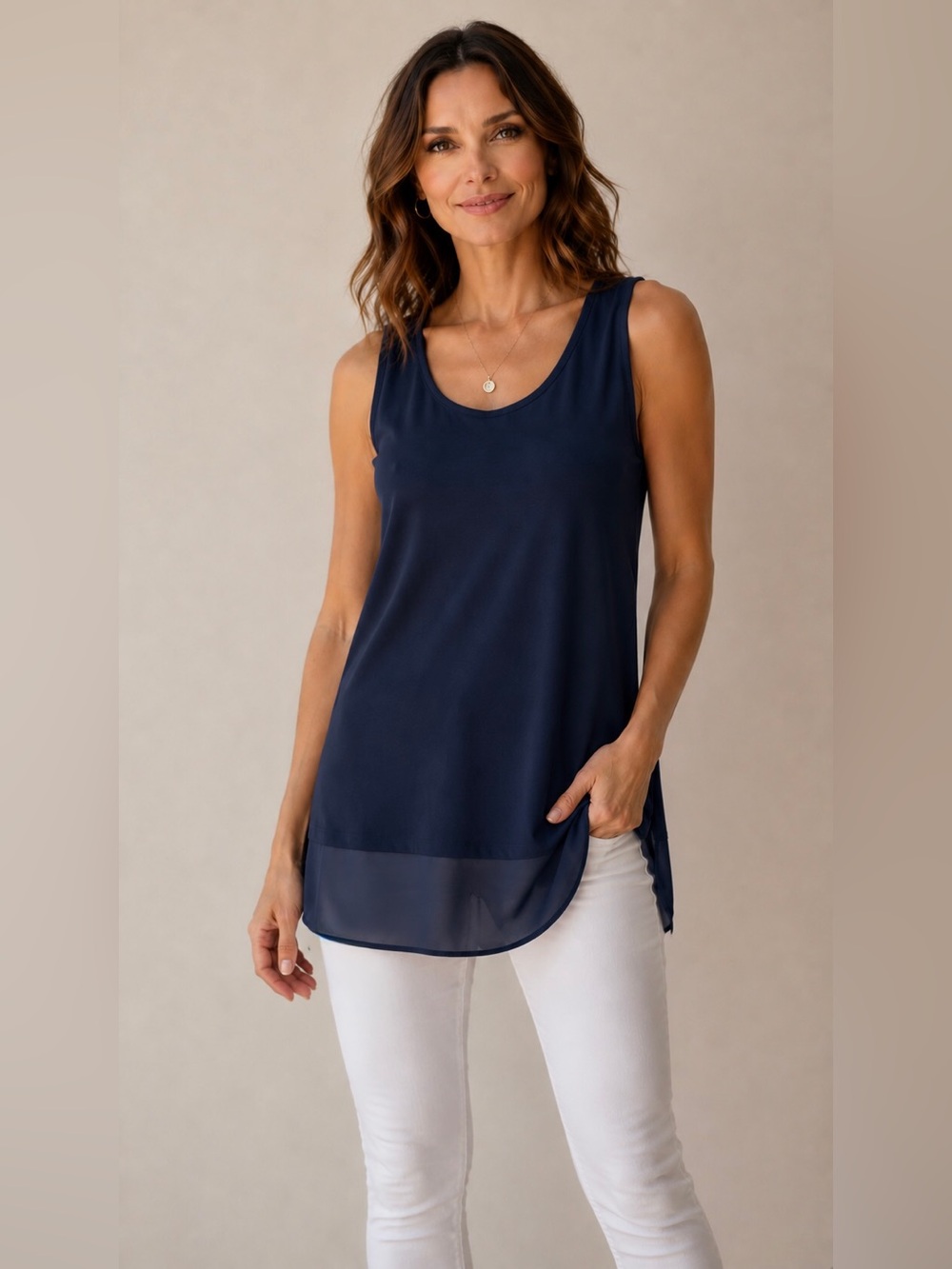 Eliana Apparel Chiffon Hem Tank Top-Navy